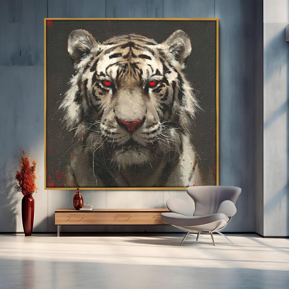 Tablou canvas cu tablou canvas cu tigru alb si ochi rosii, in rama de aluminiu auriu